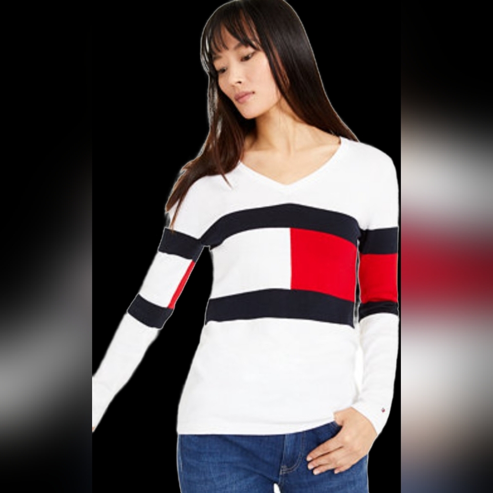 Tommy Hilfiger 100% Cotton Women's Colorblock Knit Sweater White/Red/Blue Medium - Picture 9 of 16